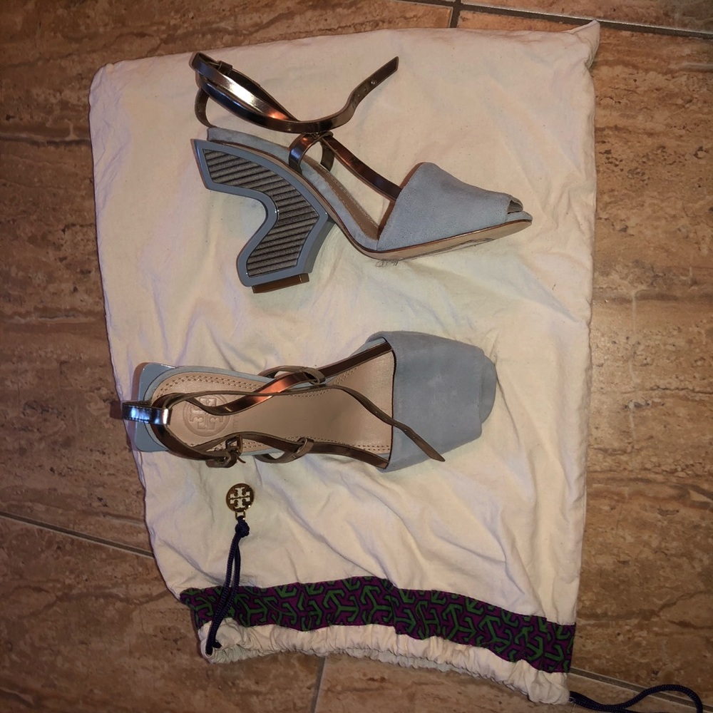 Tory Burch Blue and Silver Wedges